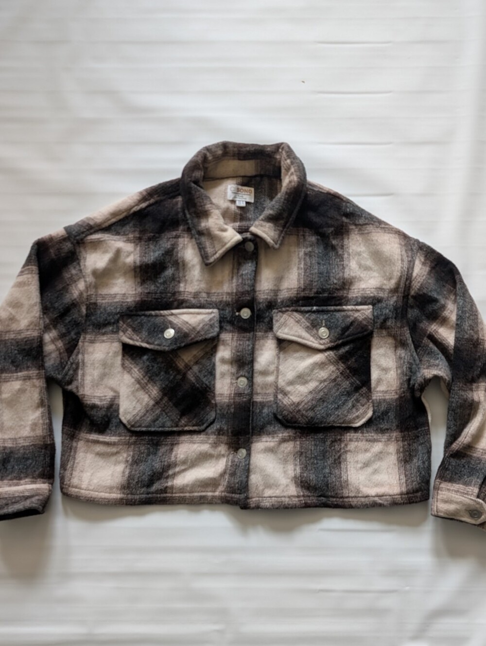 Ci Sono Cropped Plaid Flannel Overshirt Jacket Patch Pockets Women's Size XL
